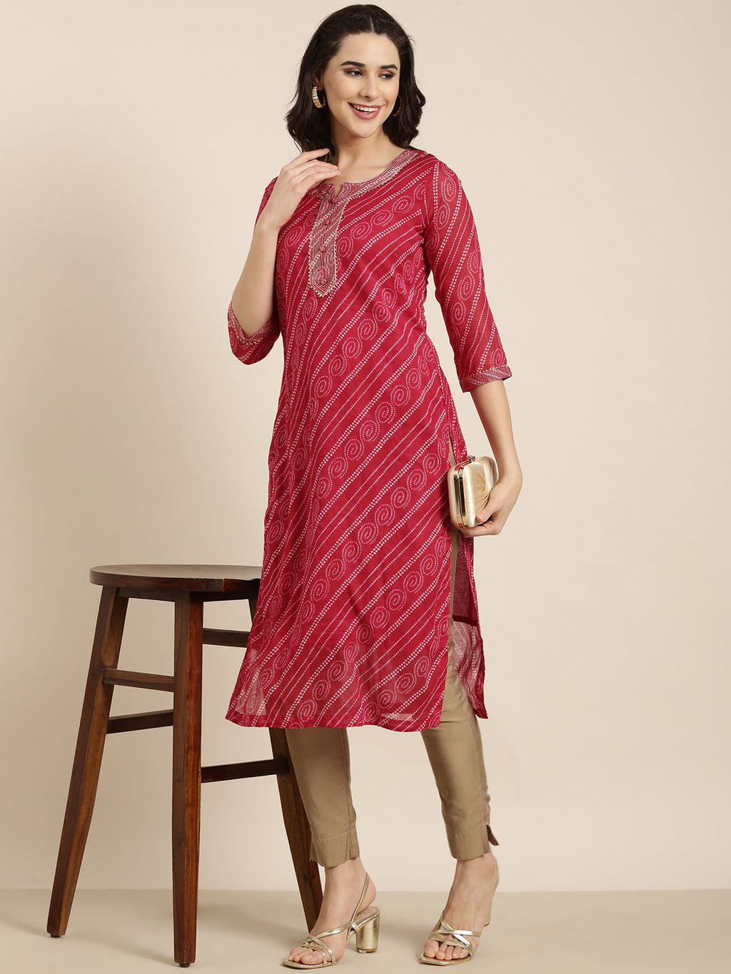 Women's Straight Pink Bandhani Kurta