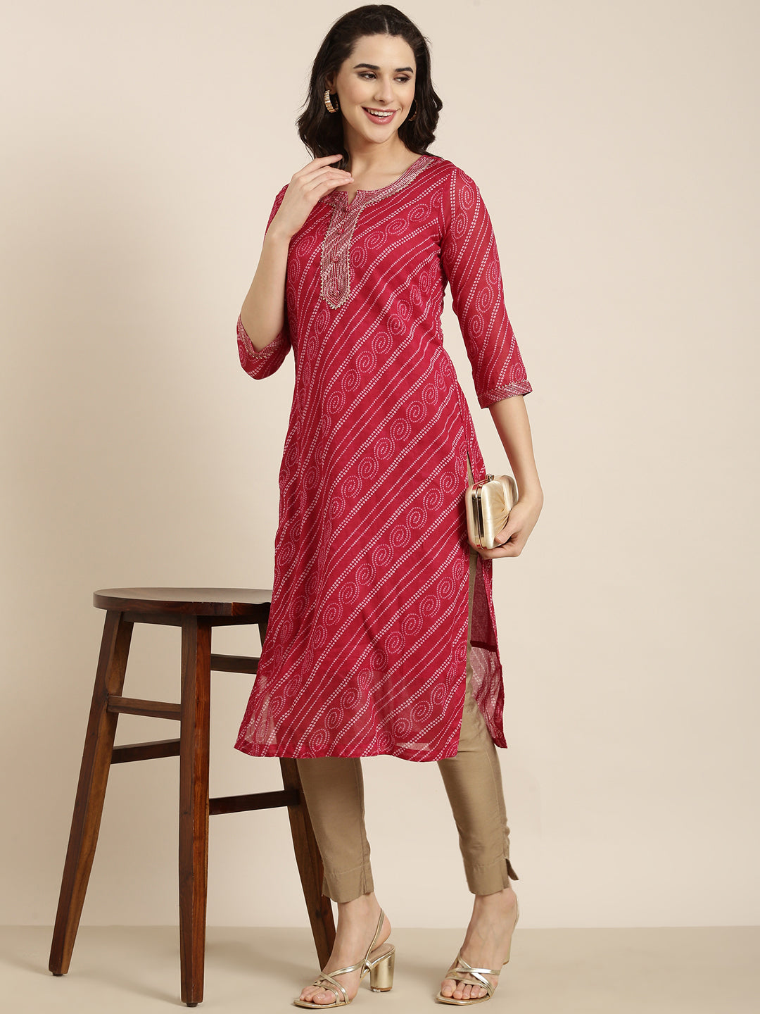 Women's Straight Pink Bandhani Kurta