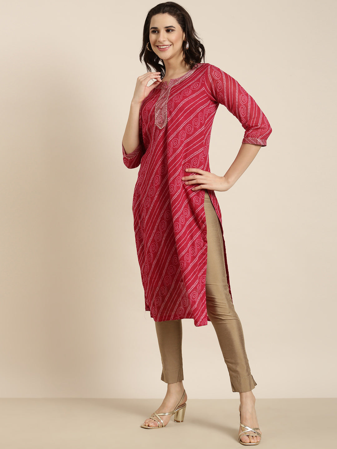 Women's Straight Pink Bandhani Kurta