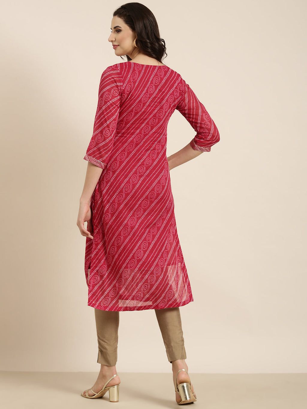 Women's Straight Pink Bandhani Kurta