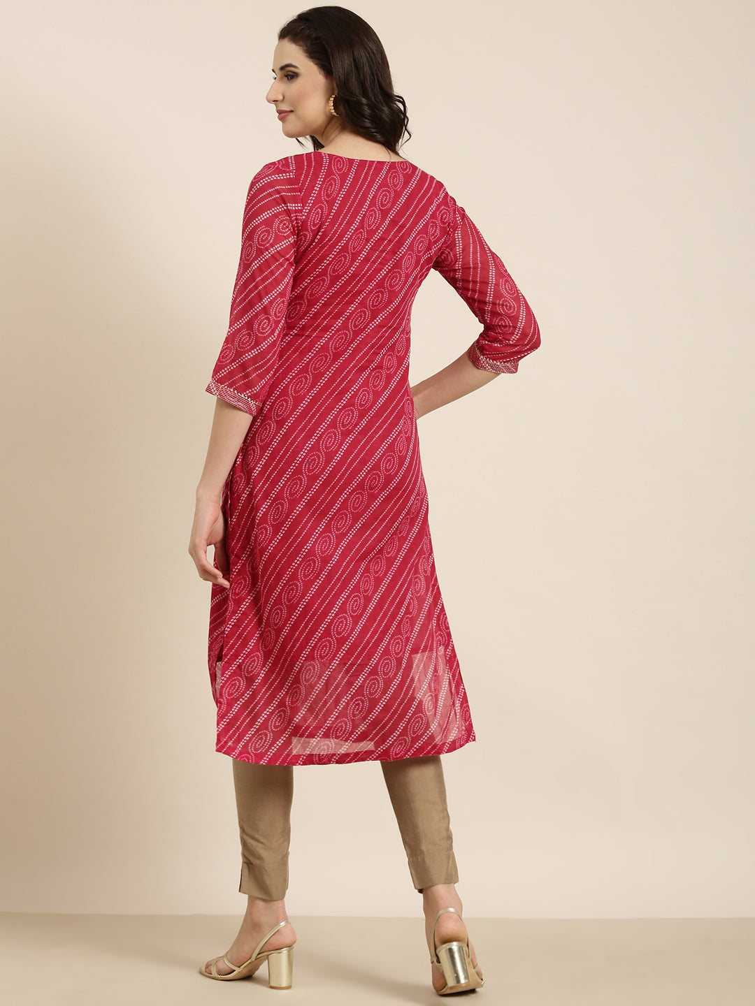 Women's Straight Pink Bandhani Kurta
