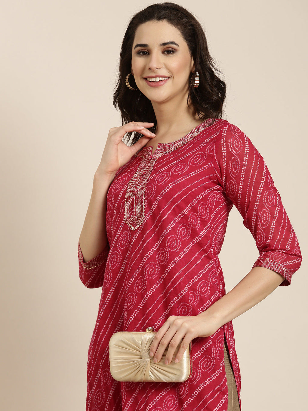 Women's Straight Pink Bandhani Kurta