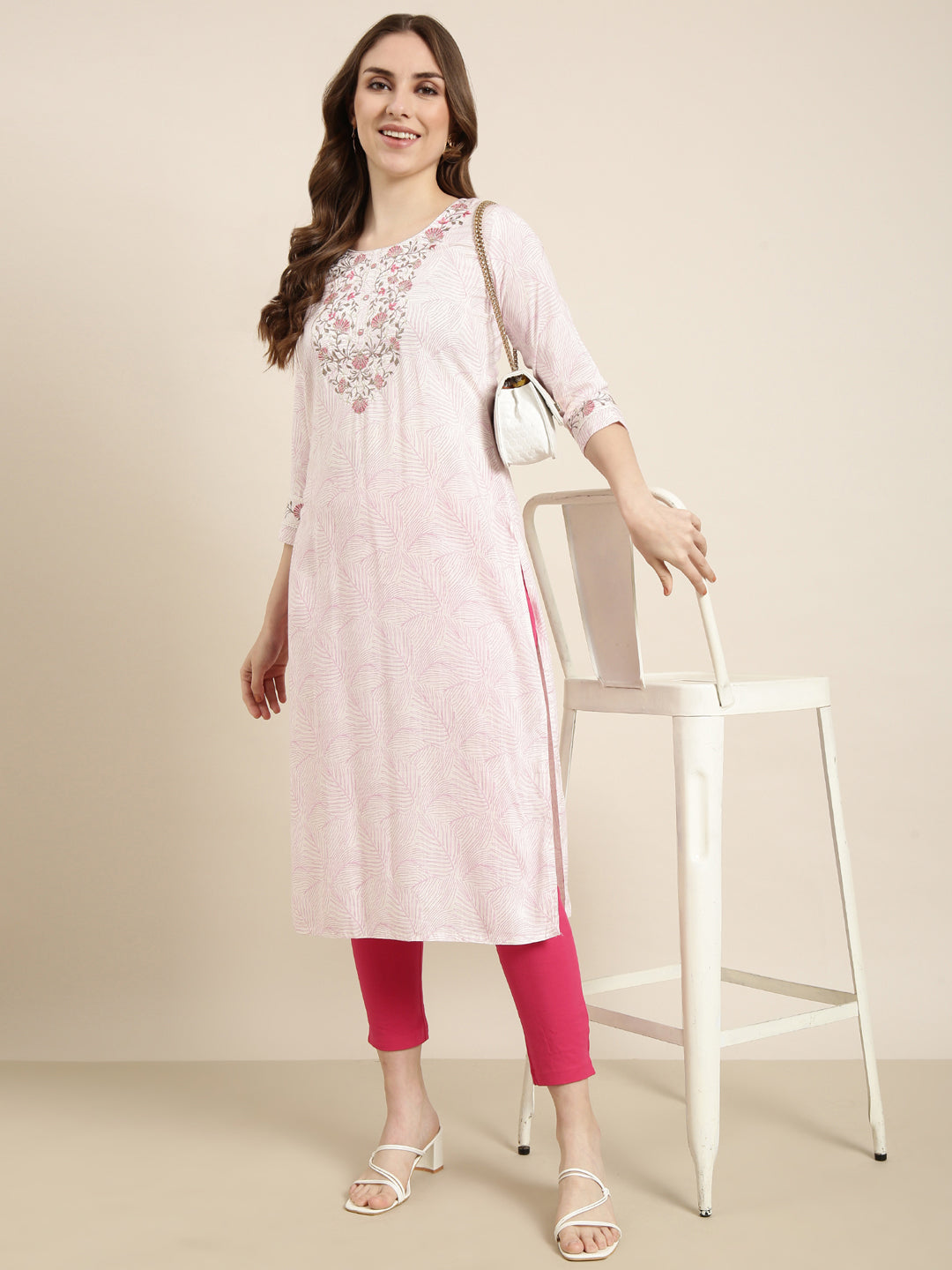 Women's Straight Pink Floral Kurta