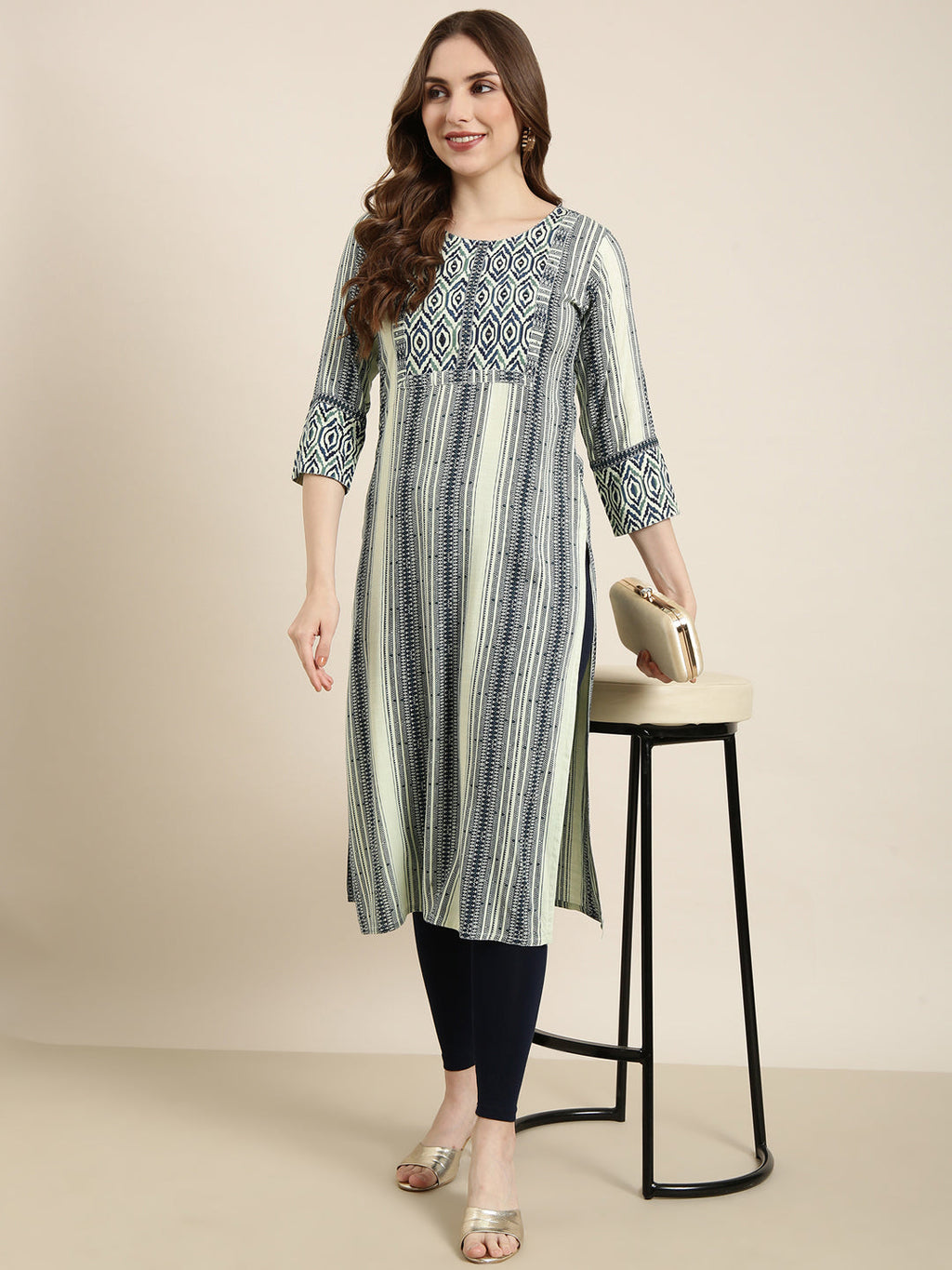 Women's Straight Sea Green Striped Kurta