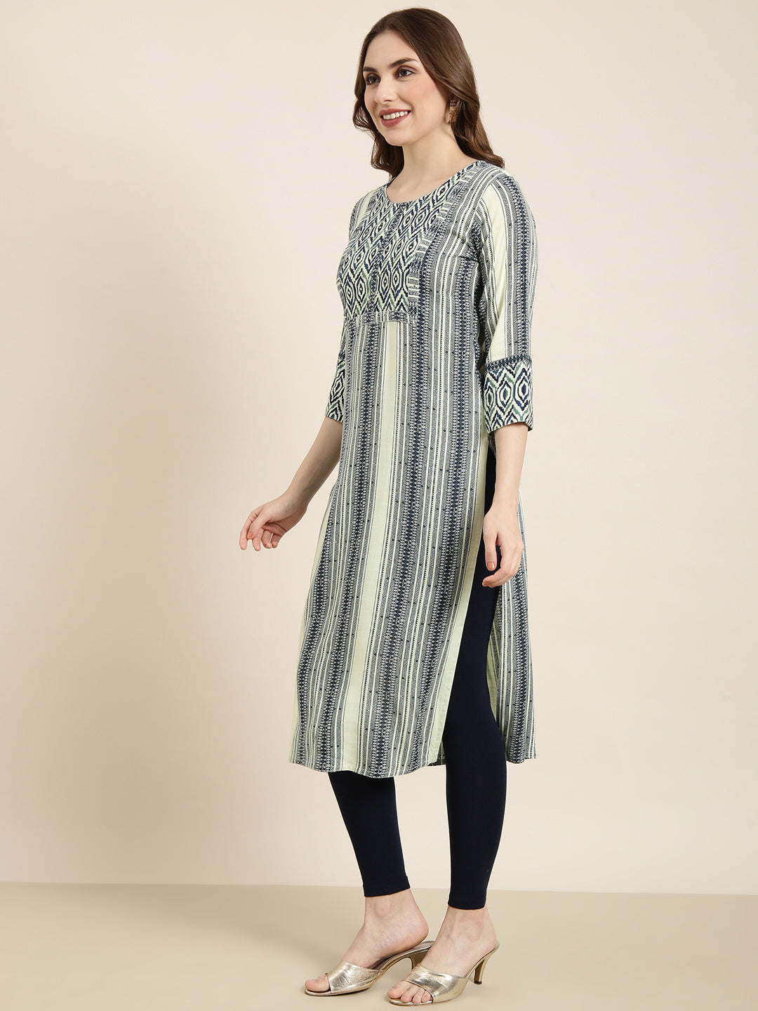 Women's Straight Sea Green Striped Kurta