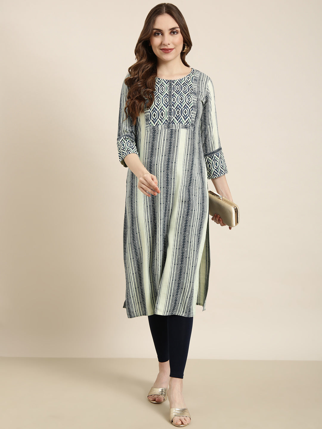 Women's Straight Sea Green Striped Kurta