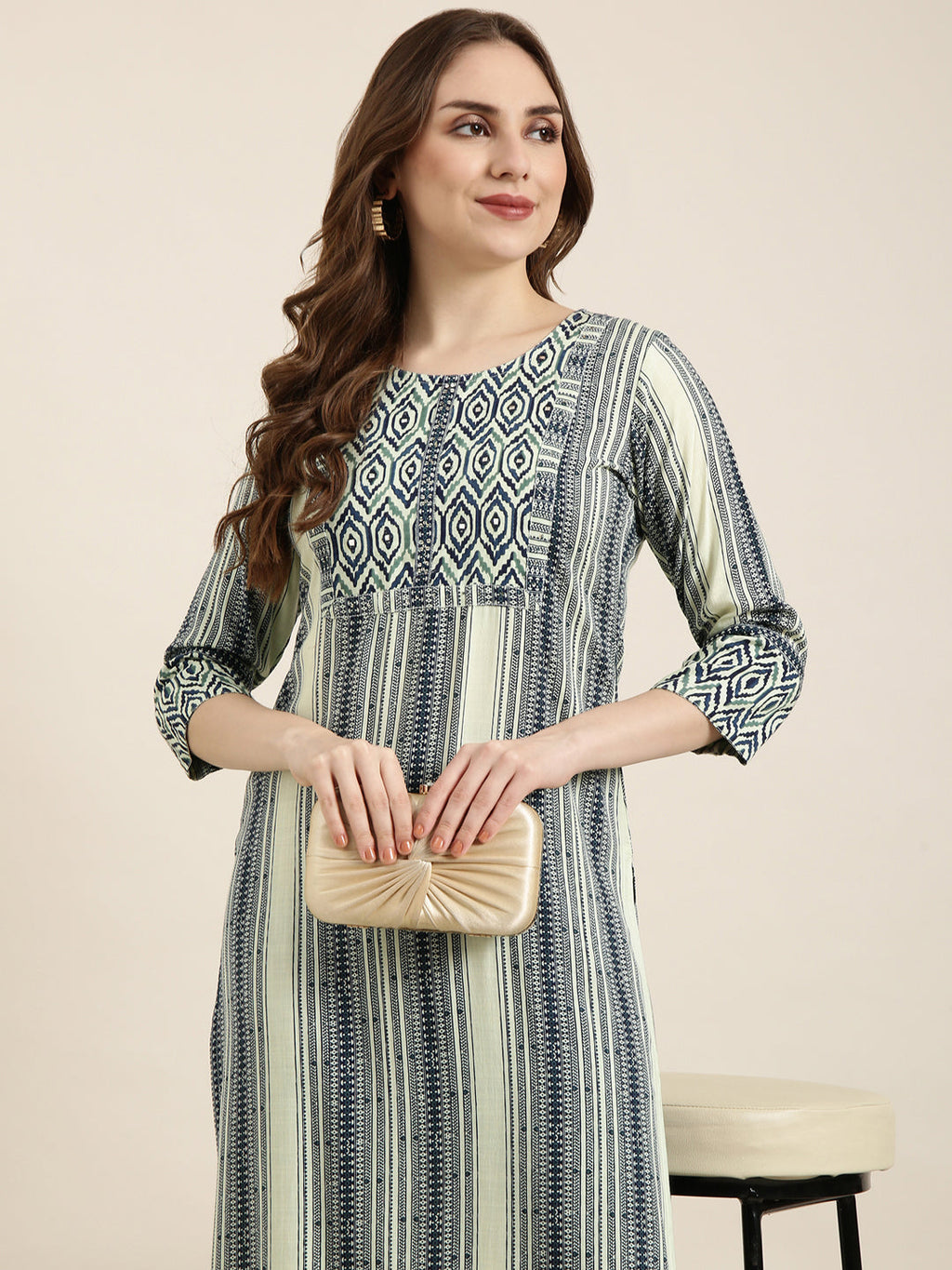 Women's Straight Sea Green Striped Kurta