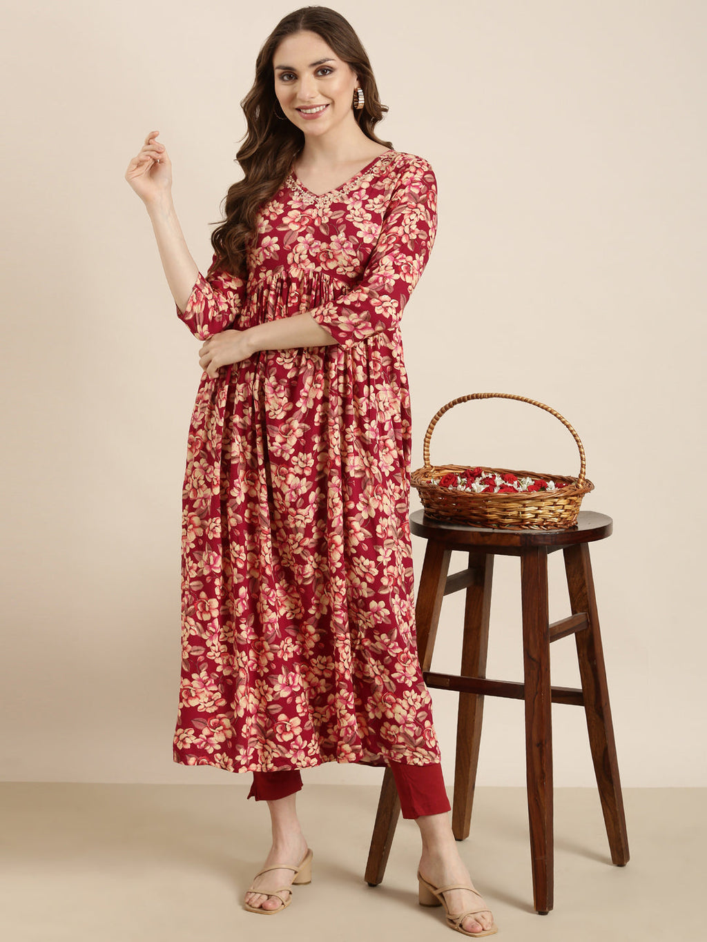 Women's Anarkali Pink Floral Kurta