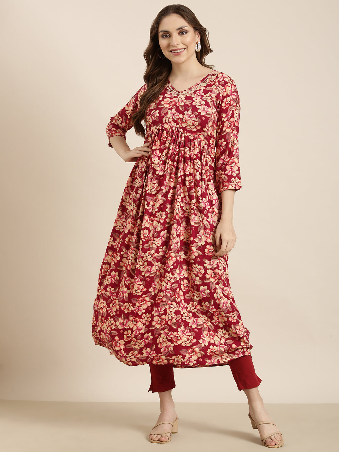 Women's Anarkali Pink Floral Kurta
