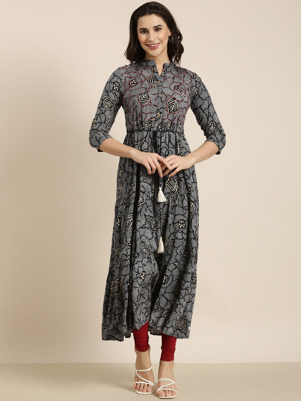 Women's Anarkali Navy Blue Bandhani Kurta