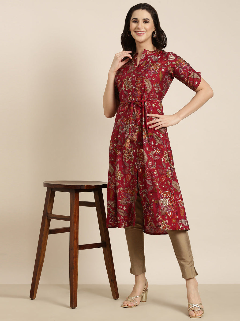 Women's A-Line Maroon Floral Kurta