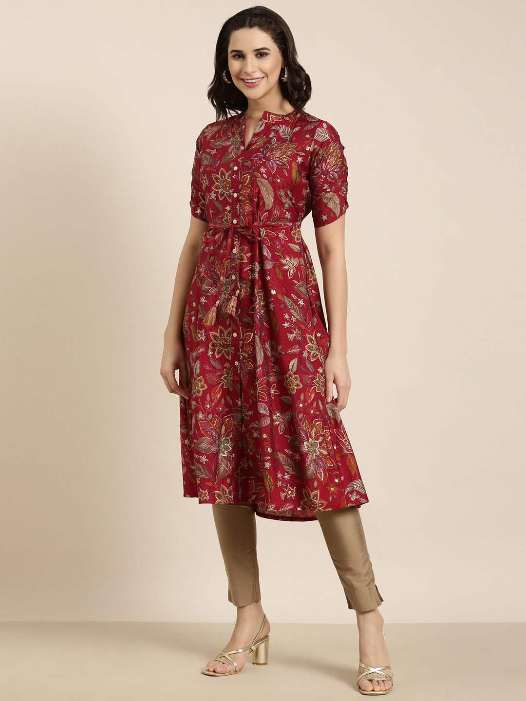 Women's A-Line Maroon Floral Kurta