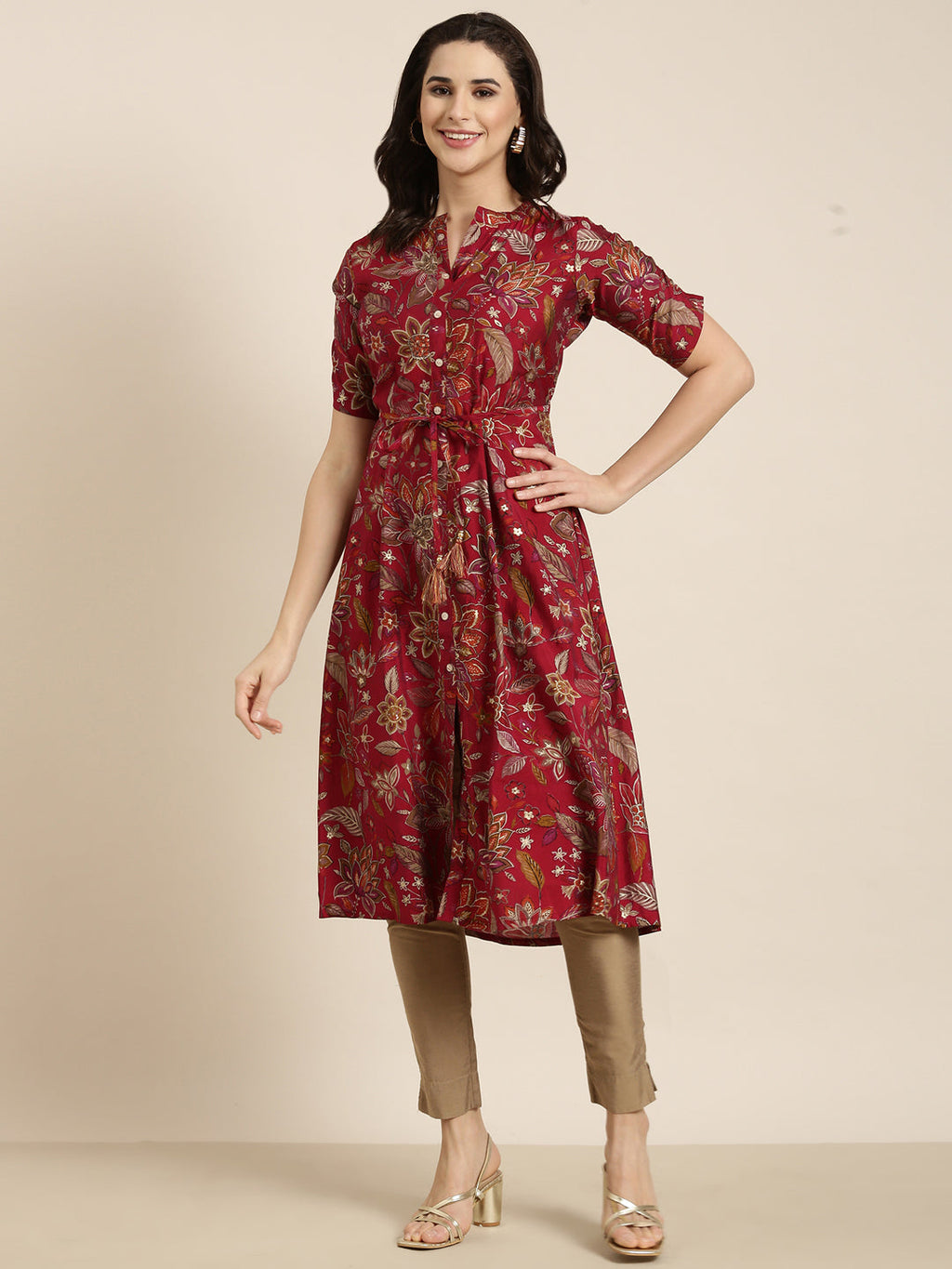 Women's A-Line Maroon Floral Kurta