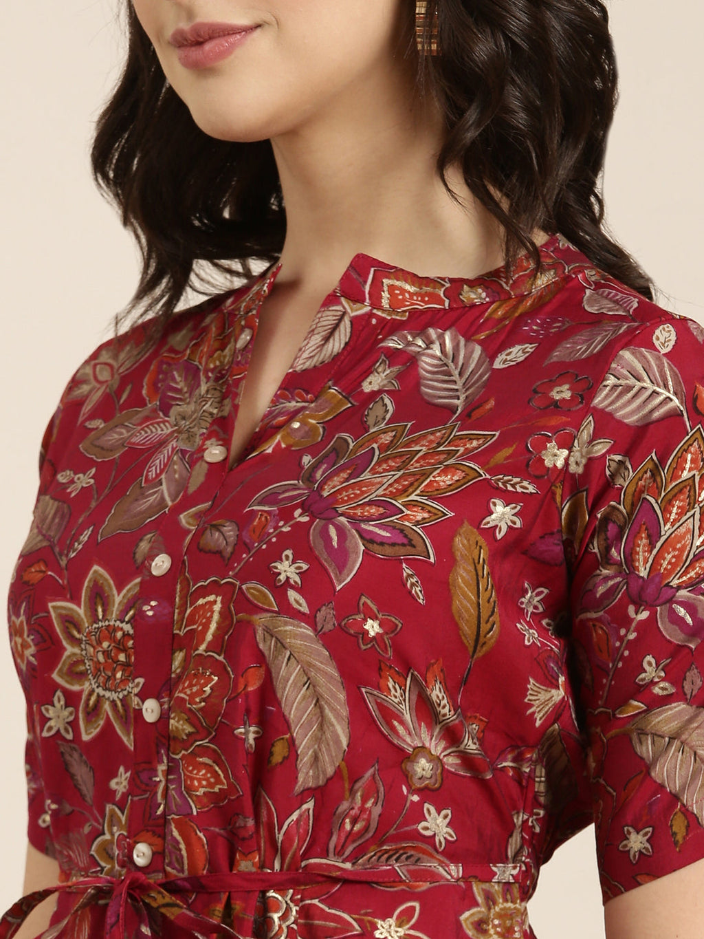 Women's A-Line Maroon Floral Kurta