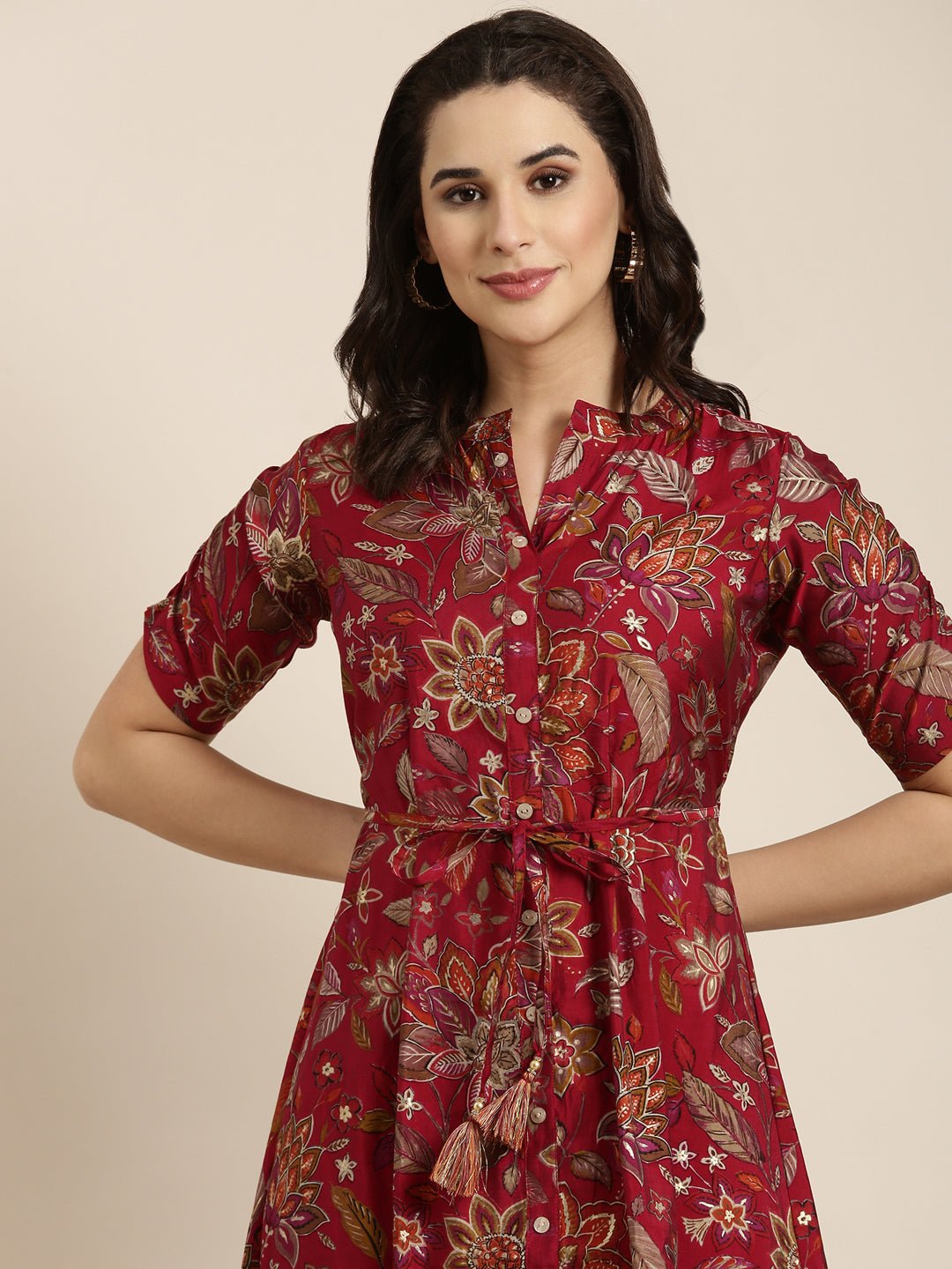 Women's A-Line Maroon Floral Kurta