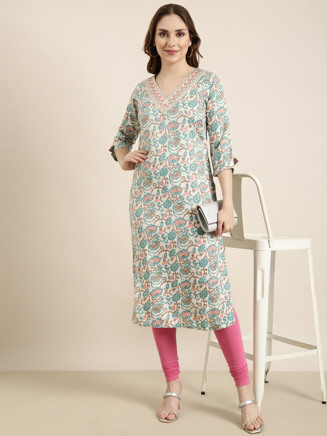 Women's Straight Turquoise Blue Floral Kurta