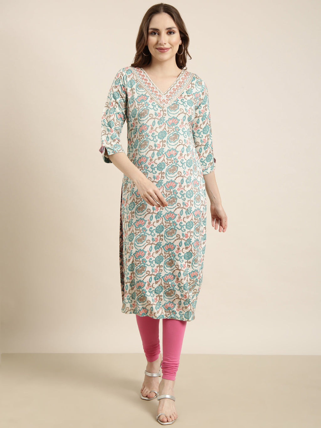 Women's Straight Turquoise Blue Floral Kurta