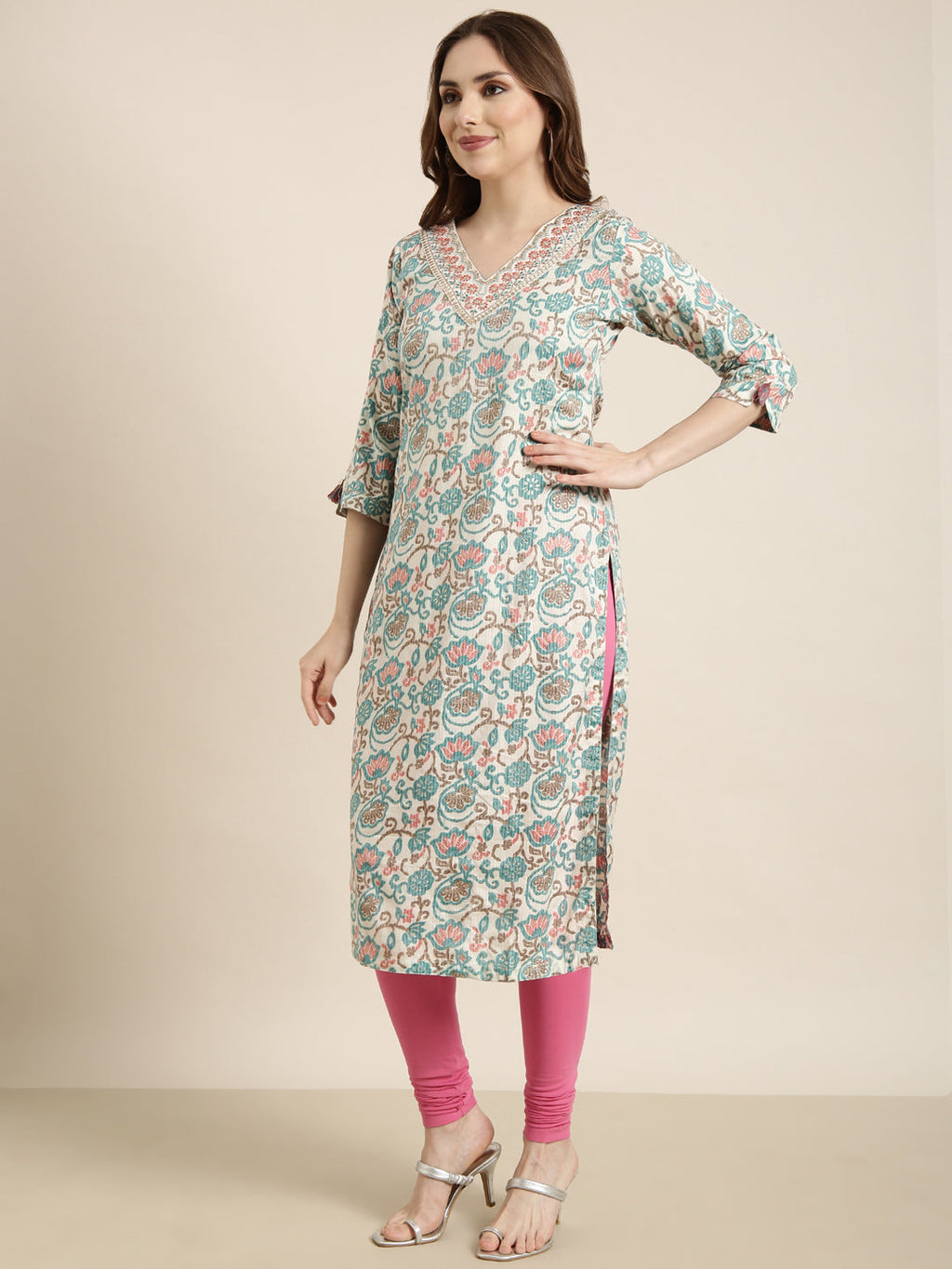 Women's Straight Turquoise Blue Floral Kurta