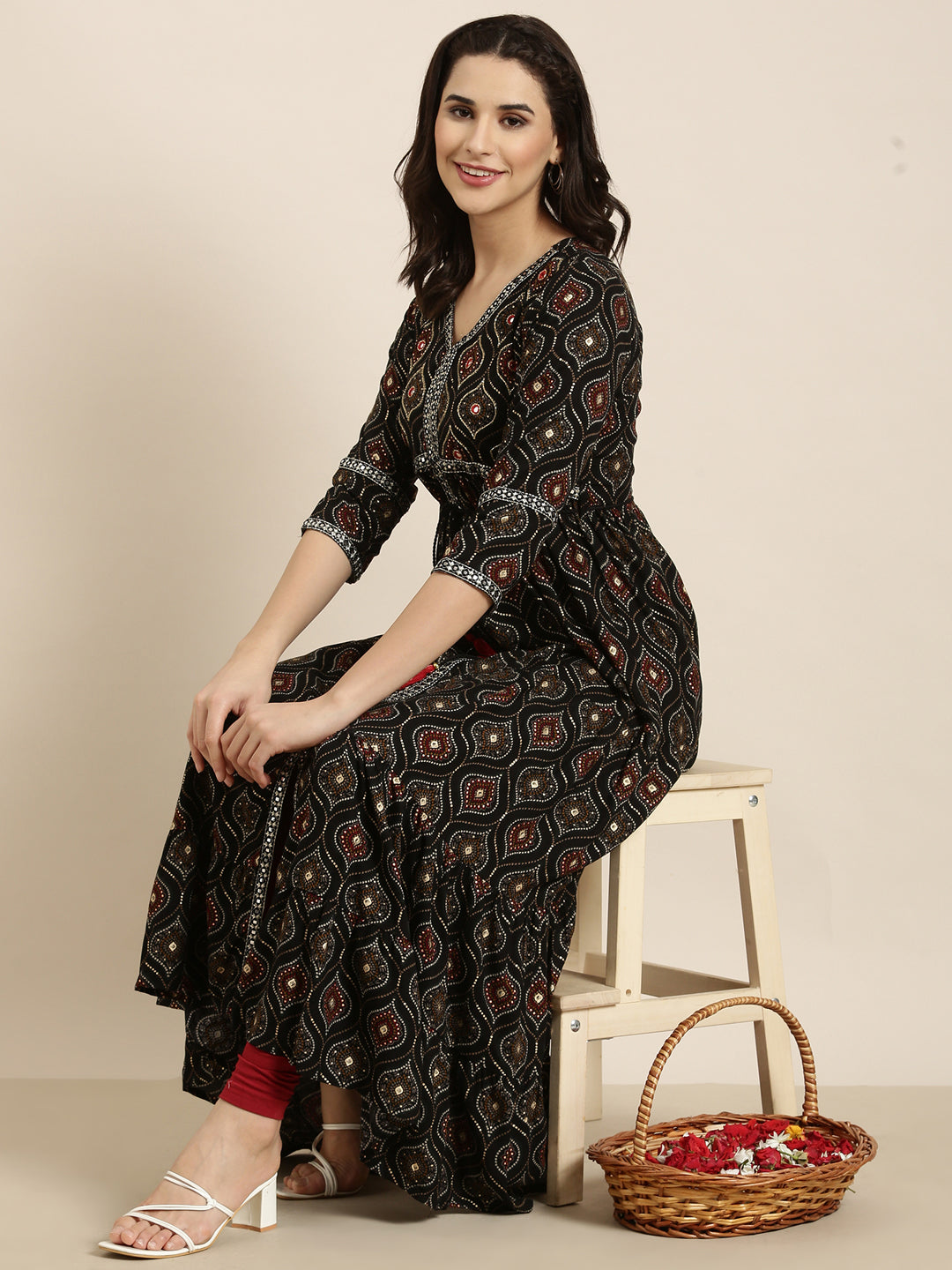 Women's Anarkali Black Bandhani Kurta