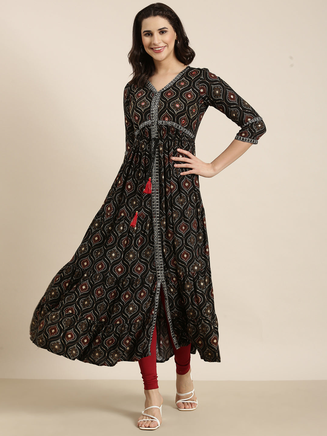 Women's Anarkali Black Bandhani Kurta
