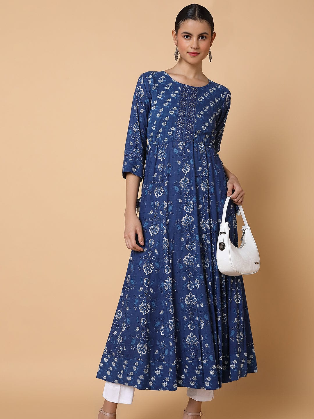 Women's Floral Sequins Blue Anarkali Kurta