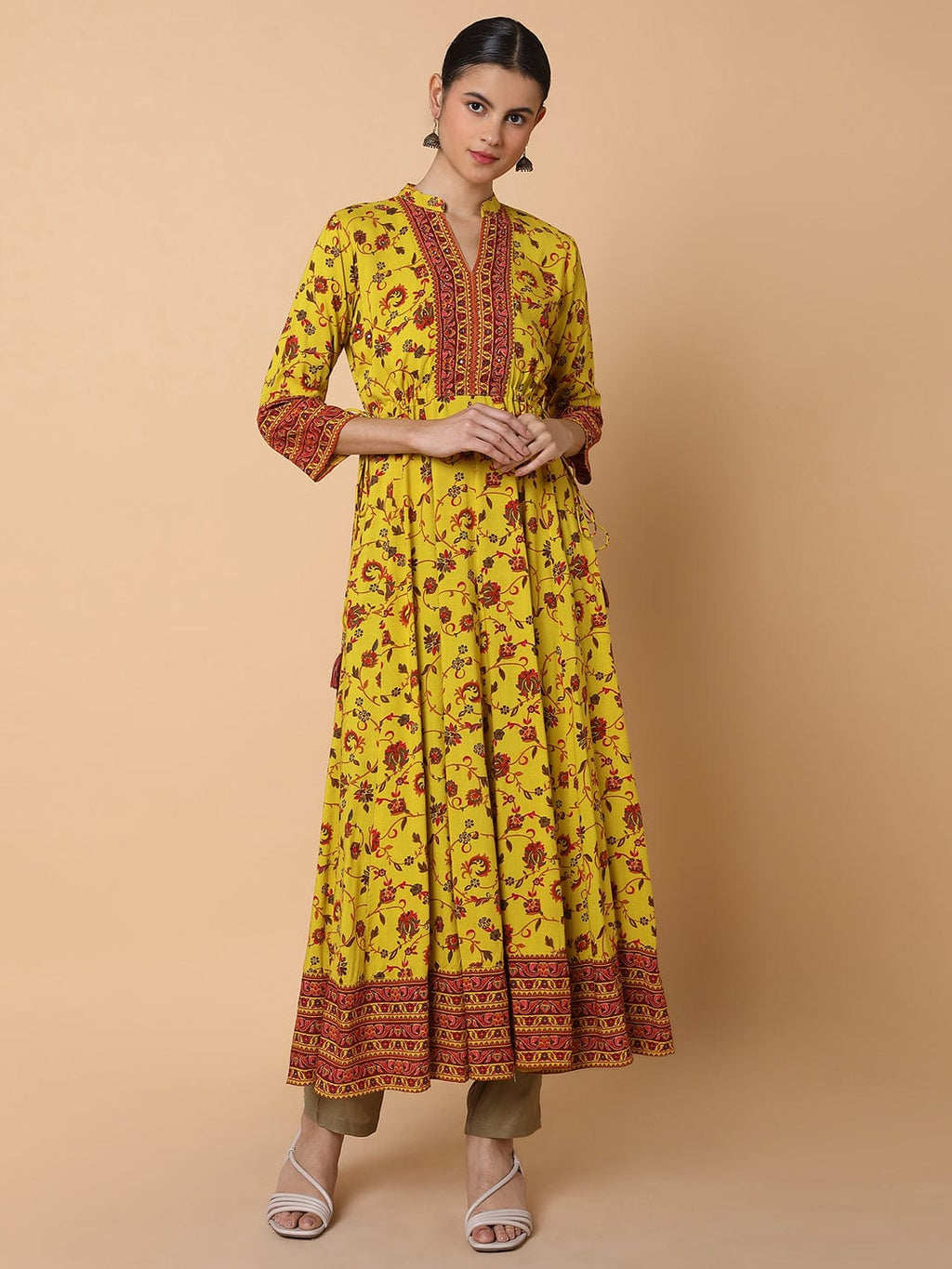 Women's Floral Mustard Anarkali Kurta