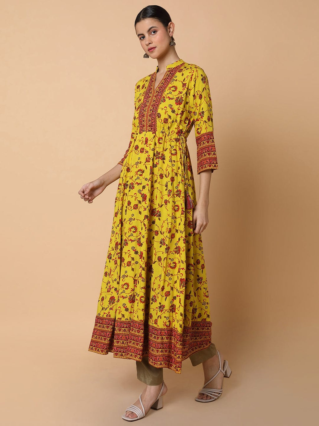 Women's Floral Mustard Anarkali Kurta