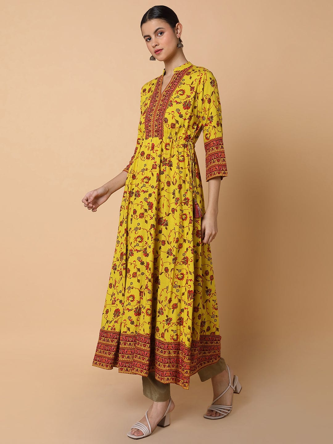 Women's Floral Mustard Anarkali Kurta