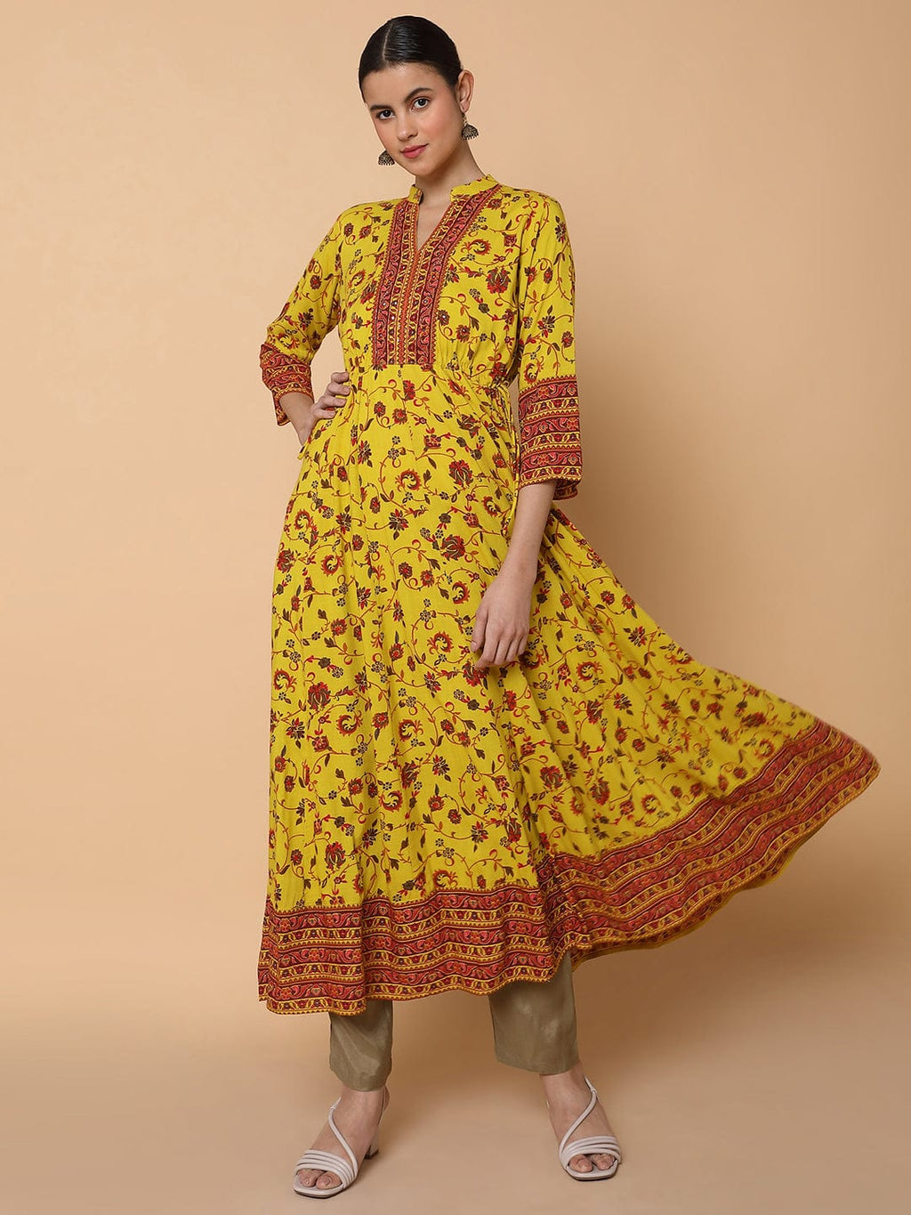 Women's Floral Mustard Anarkali Kurta