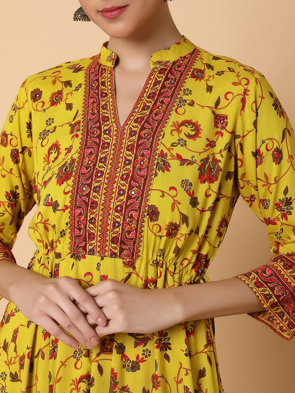 Women's Floral Mustard Anarkali Kurta