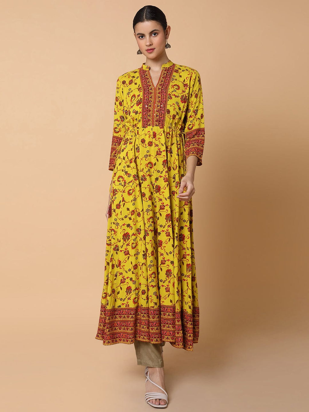 Women's Floral Mustard Anarkali Kurta
