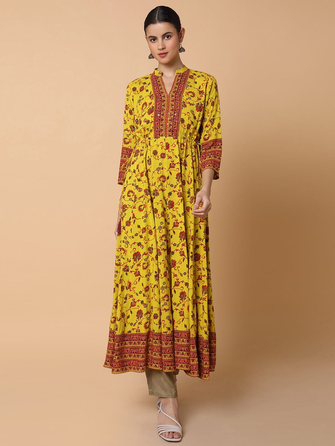 Women's Floral Mustard Anarkali Kurta