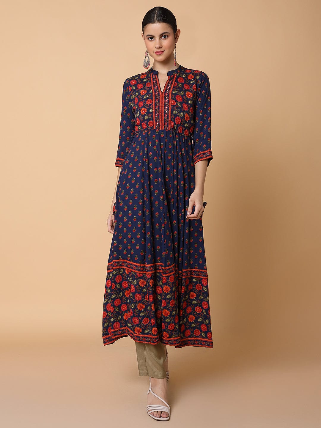 Women's Floral Navy Blue Anarkali Kurta