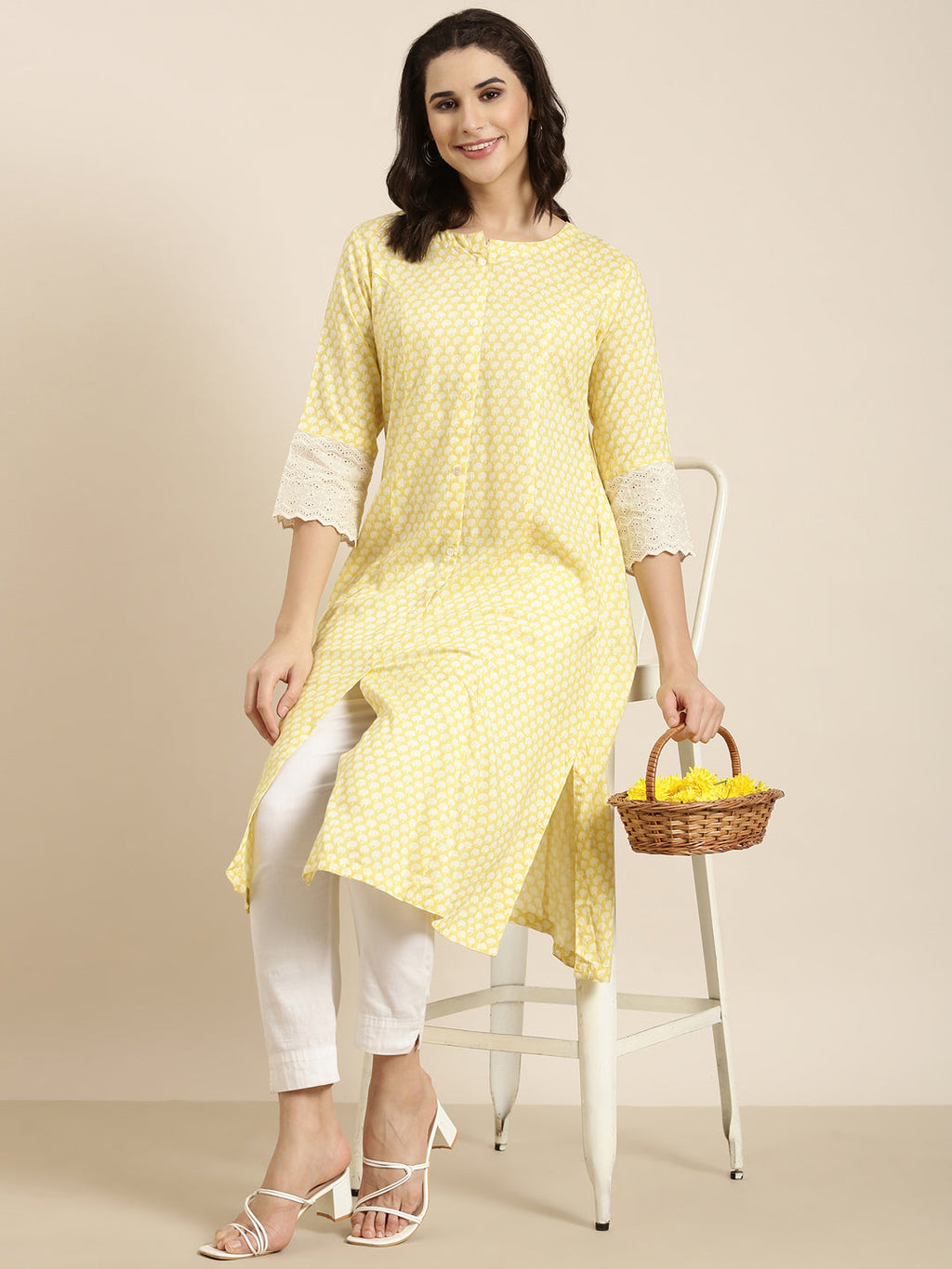 Women's A-Line Yellow Abstract Kurta