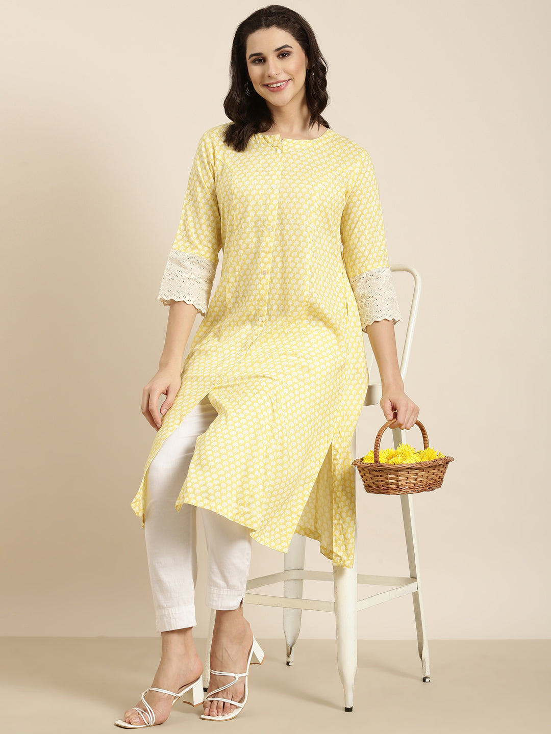 Women's A-Line Yellow Abstract Kurta