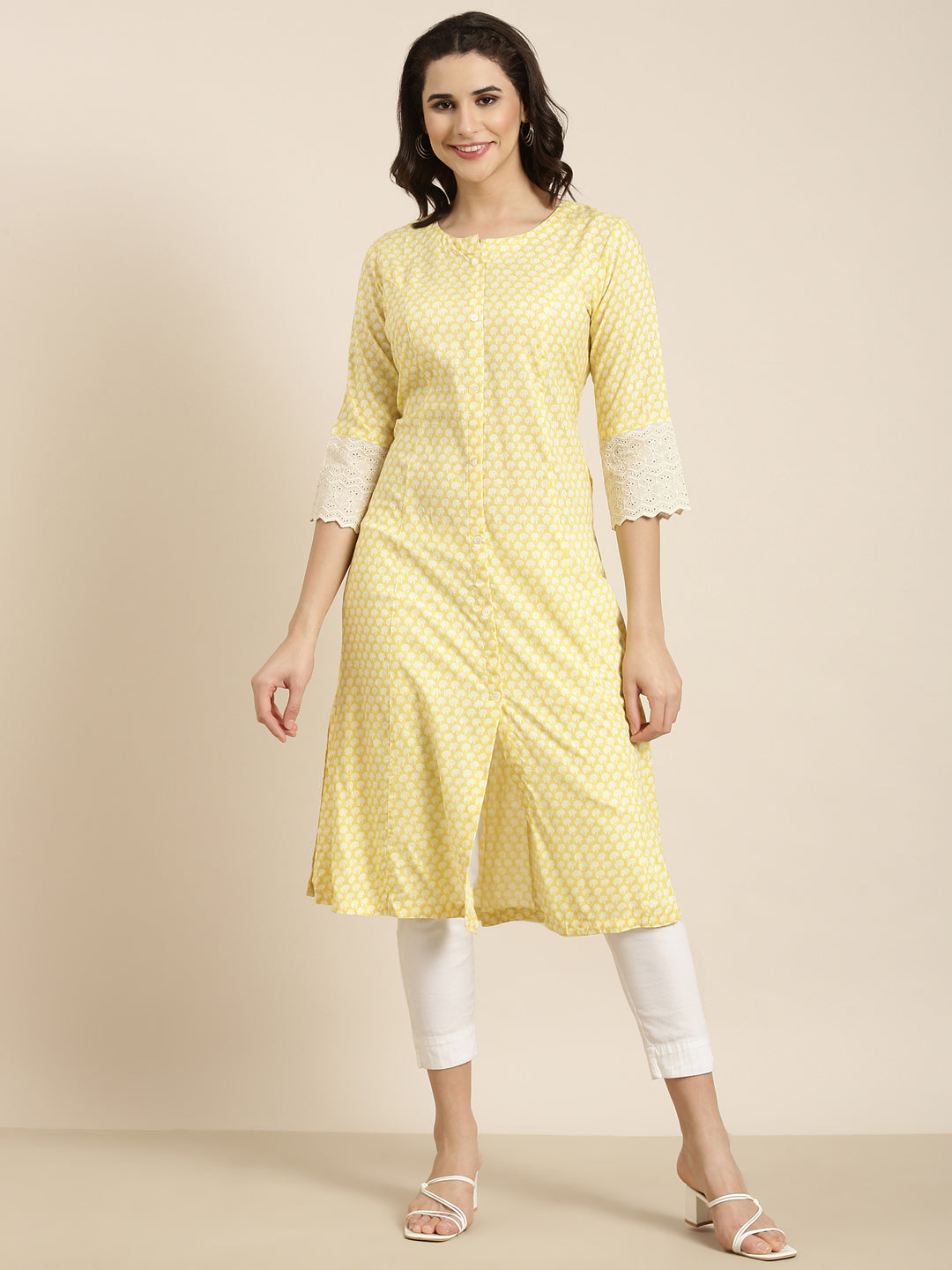 Women's A-Line Yellow Abstract Kurta