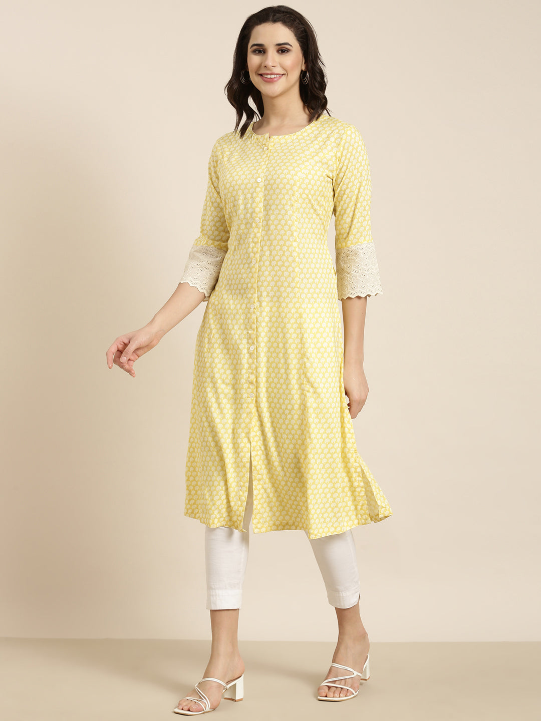 Women's A-Line Yellow Abstract Kurta