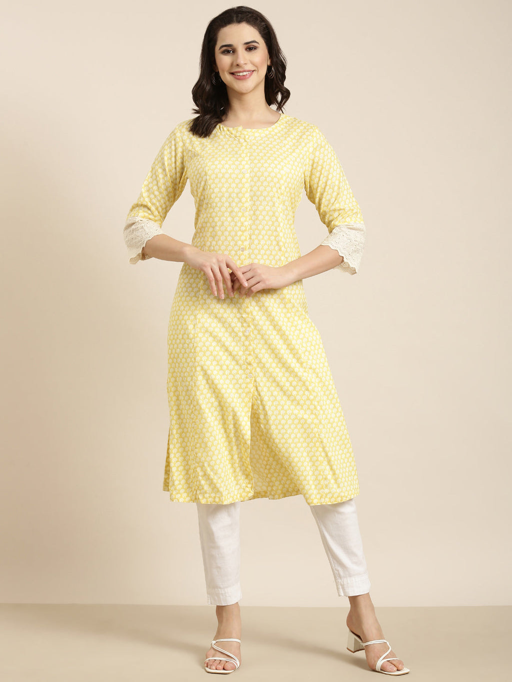 Women's A-Line Yellow Abstract Kurta