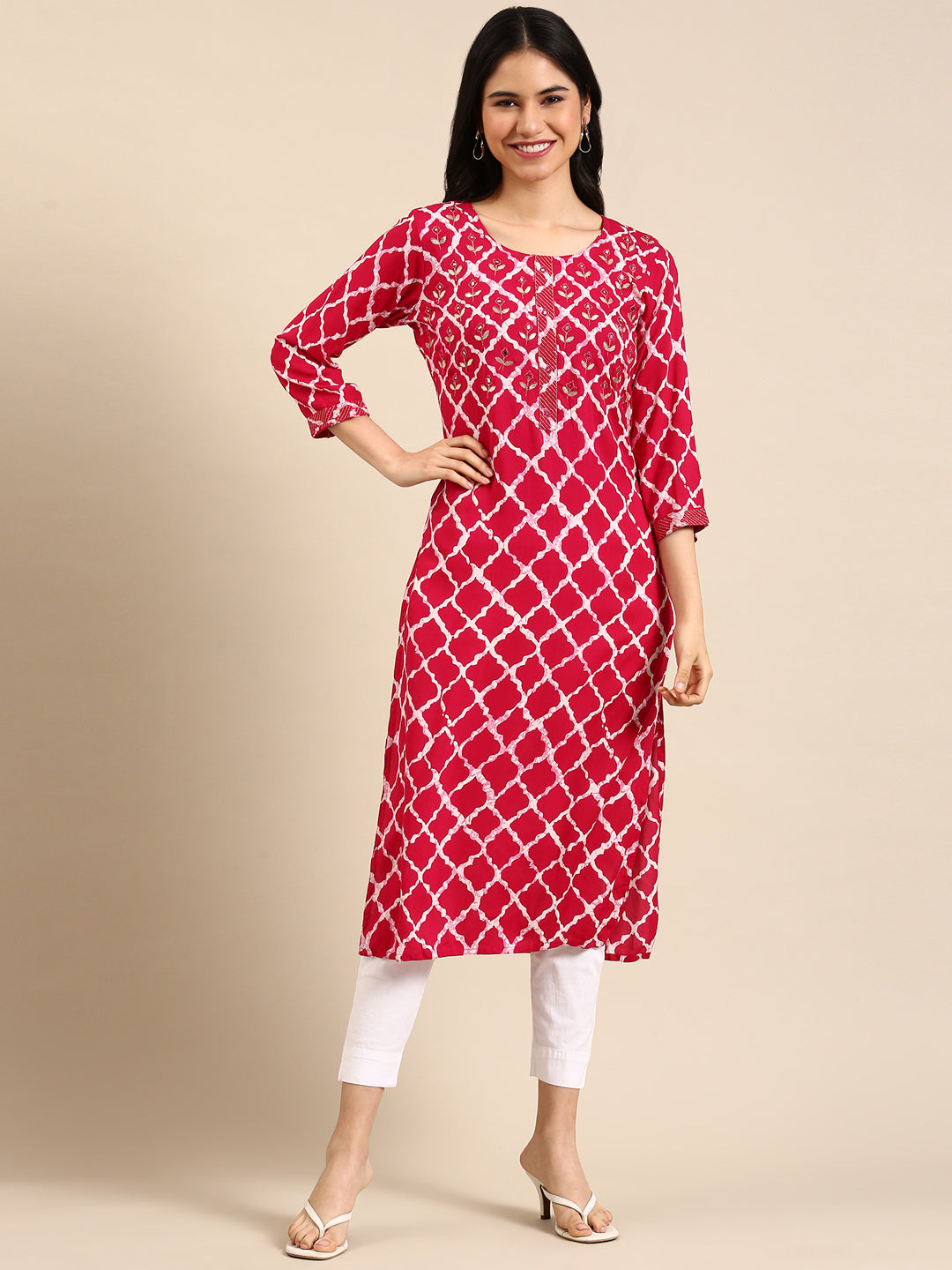 Women's Magenta Geometric Printed Straight Cut Kurta