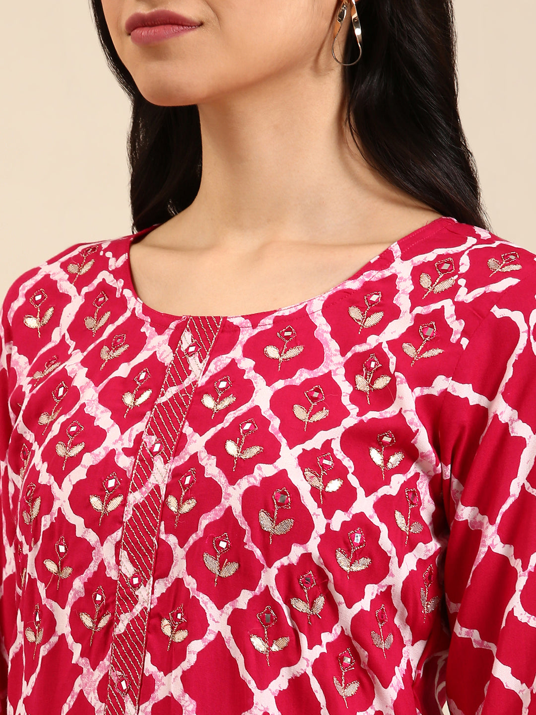 Women's Magenta Geometric Printed Straight Cut Kurta