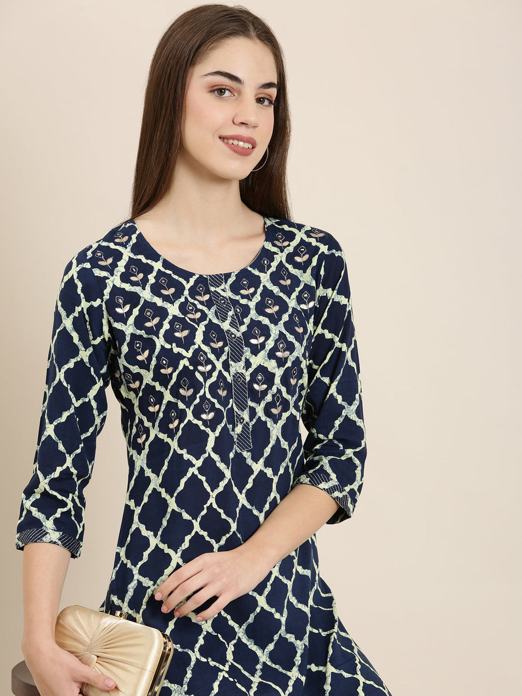 Women's Navy Blue Geometric Printed Mirror Work Straight Kurta
