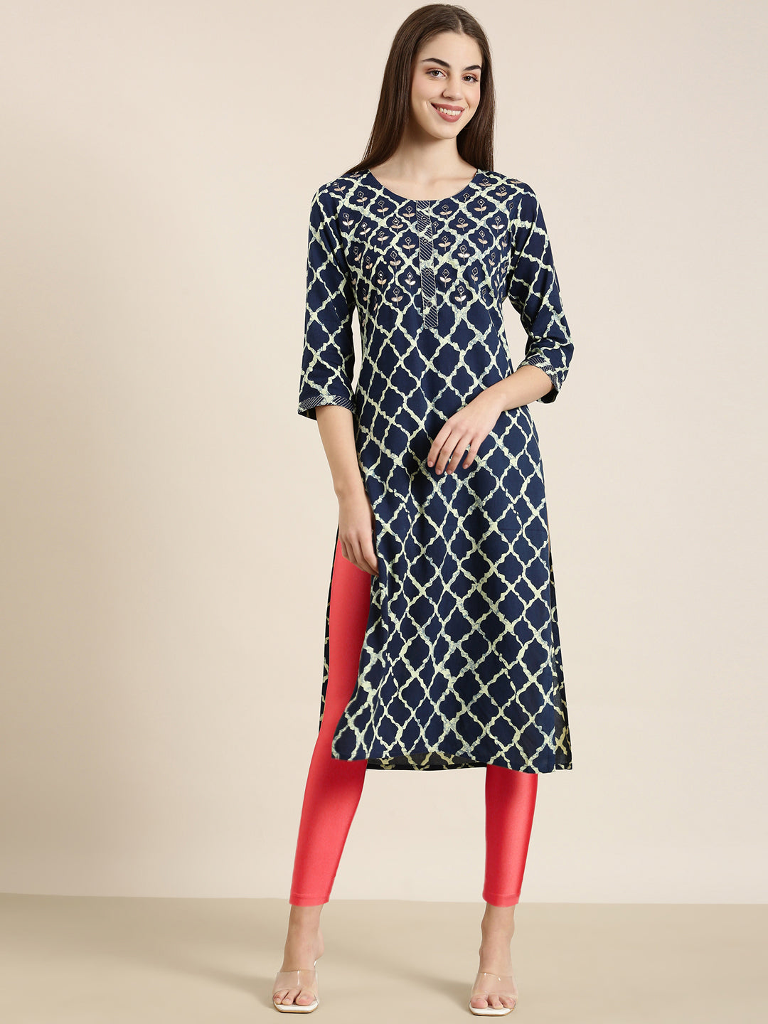 Women's Navy Blue Geometric Printed Mirror Work Straight Kurta