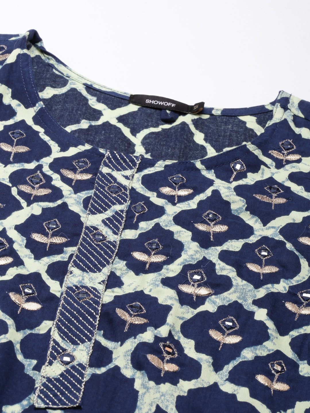 Women's Navy Blue Geometric Printed Mirror Work Straight Kurta