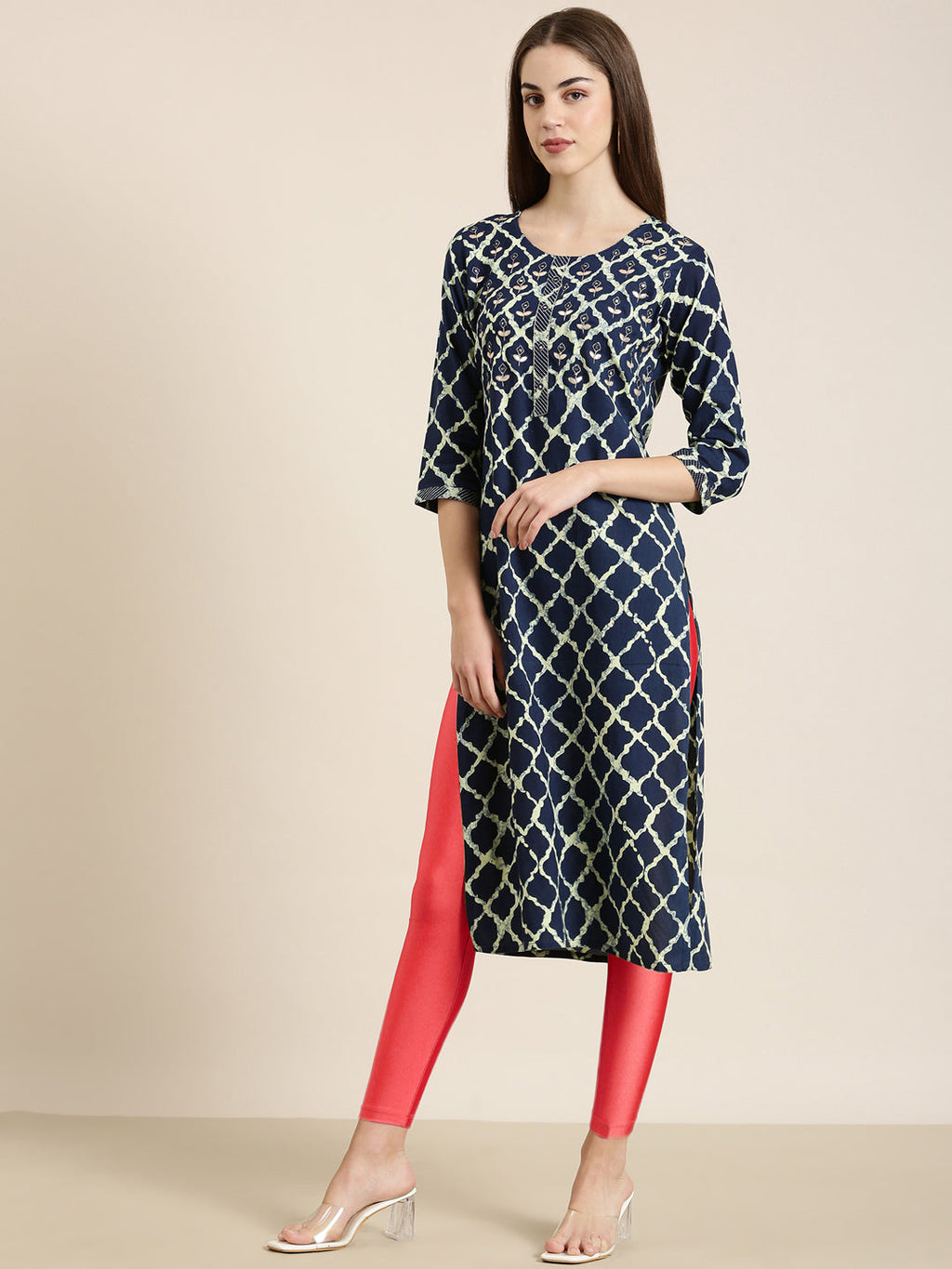 Women's Navy Blue Geometric Printed Mirror Work Straight Kurta