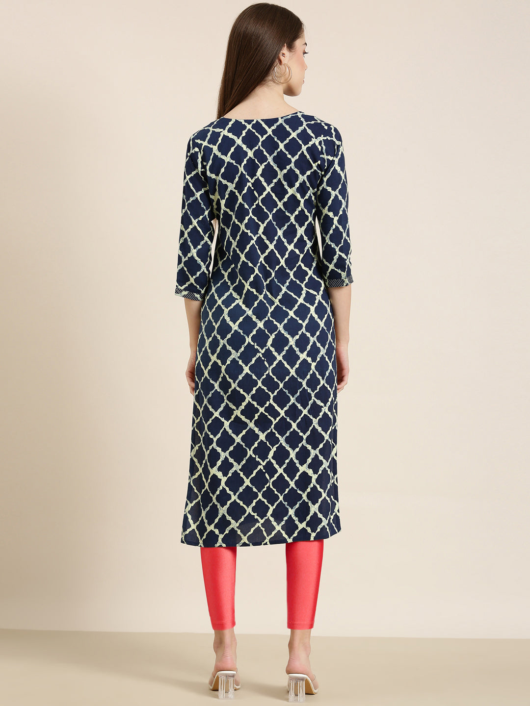 Women's Navy Blue Geometric Printed Mirror Work Straight Kurta
