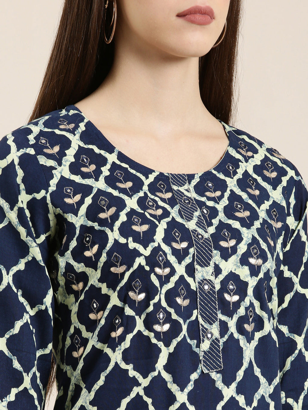 Women's Navy Blue Geometric Printed Mirror Work Straight Kurta
