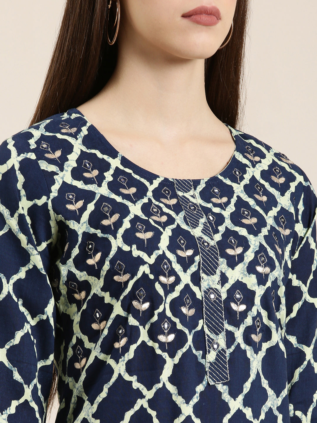 Women's Navy Blue Geometric Printed Mirror Work Straight Kurta