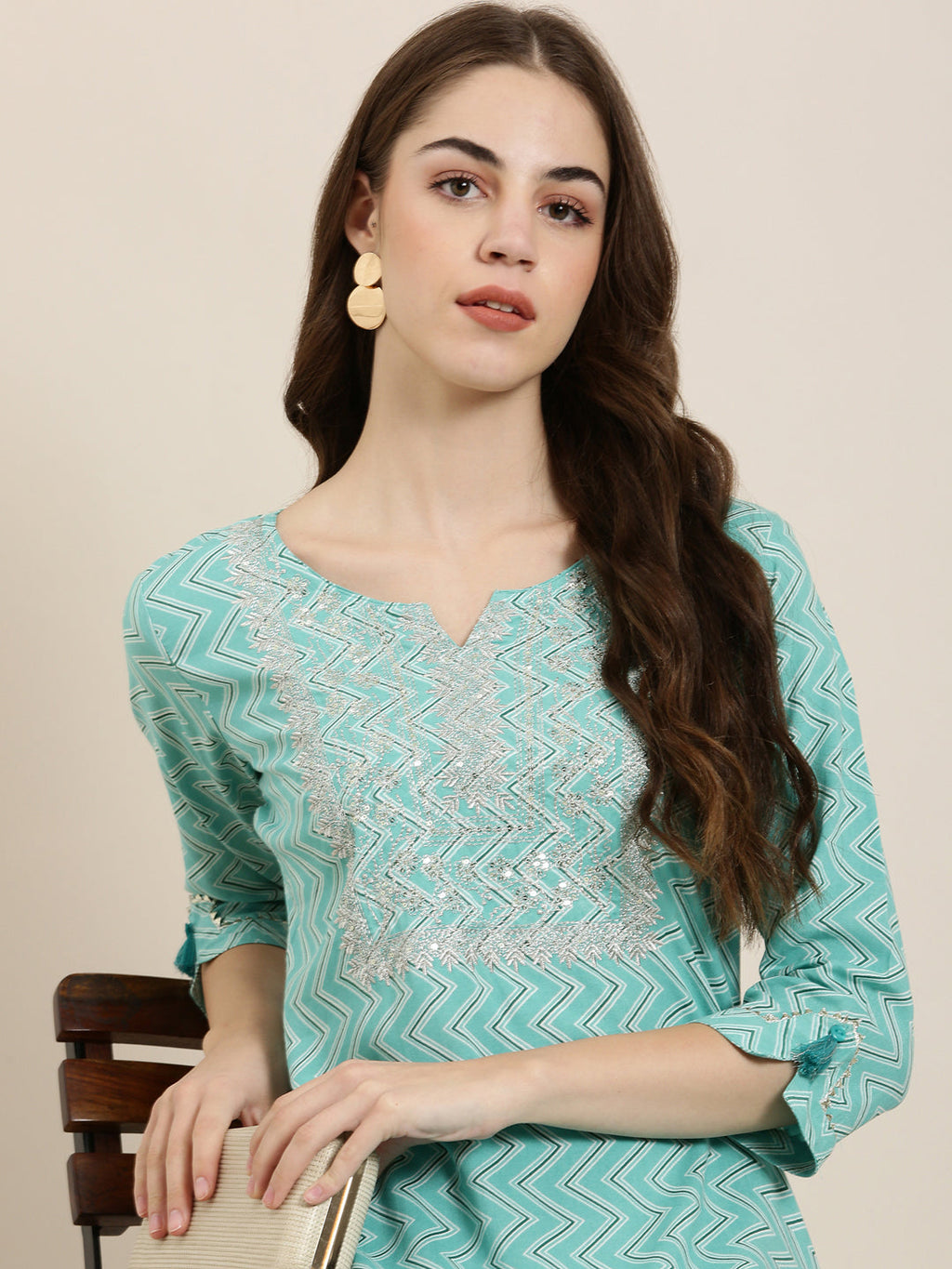 Women's Turquoise Blue Chevron Straight Kurta