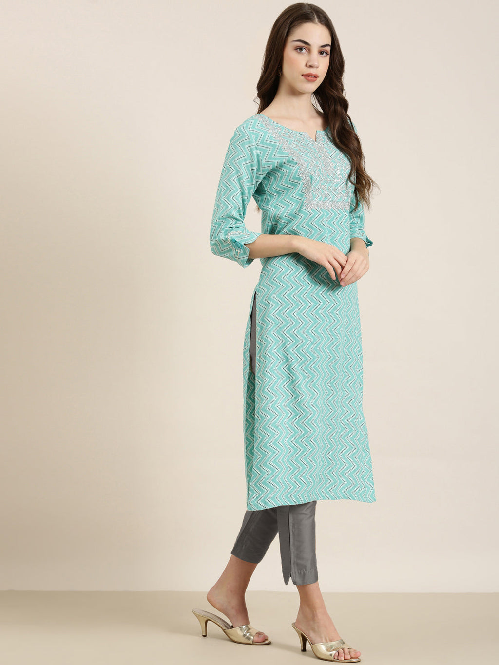 Women's Turquoise Blue Chevron Straight Kurta