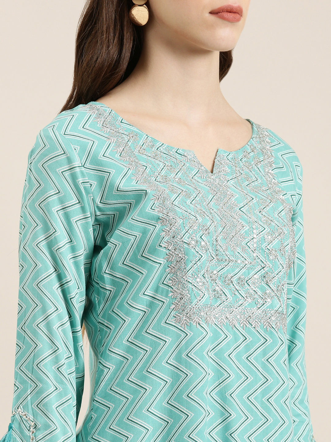 Women's Turquoise Blue Chevron Straight Kurta